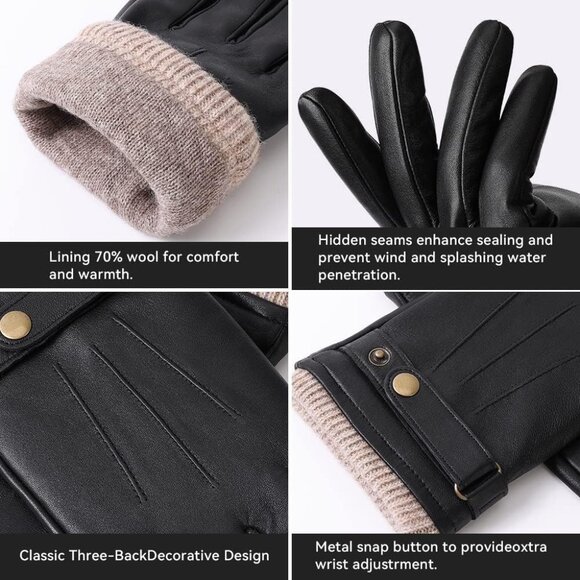 Men's Black Winter Leather Soft Warm Wool Lining Phone Texting Touchscreen Glove - Picture 5 of 7